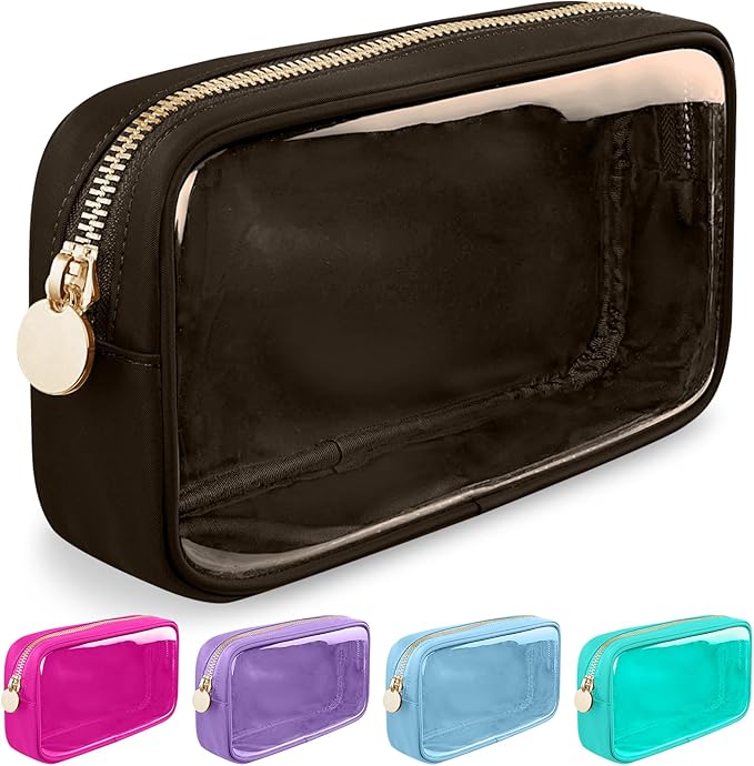 Small Clear Travel Makeup Organizer Bag for Purse, Cute Black Makeup Bag Preppy Cosmetic Zipper Pouch Purse, Transparent PVC & Nylon Toiletry Bag Clutch Makeup Brush Bag Storage for Women Girls(Brown)