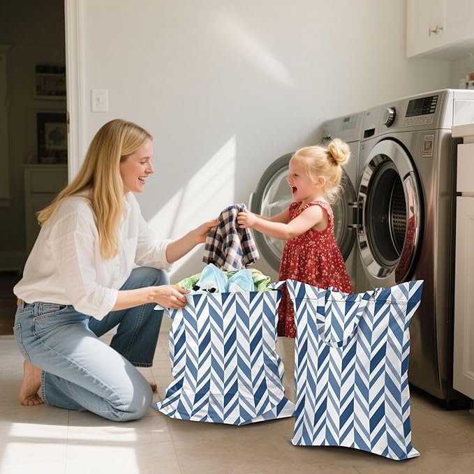 Travel Laundry Bags 2 PC Wet Dry Bag with Handle Dirty Clothes Organizer for Swimsuits Beach Camping Waterproof Washable Navy Blue Herringbone
