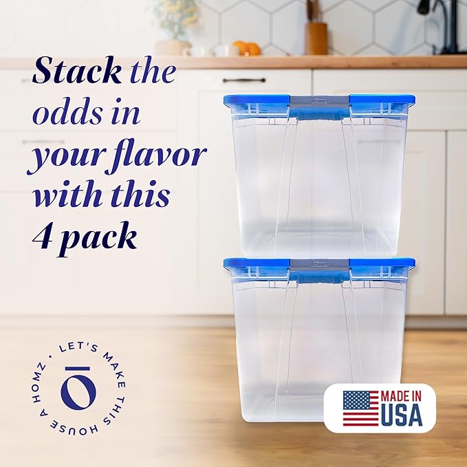 HOMZ 4-Pack Secure Latch, Clear Plastic Storage Organizer Bins, 64 Quart, Blue Lid - Stackable Container Boxes for Bedroom, Bathroom, Garage, and Office Organization