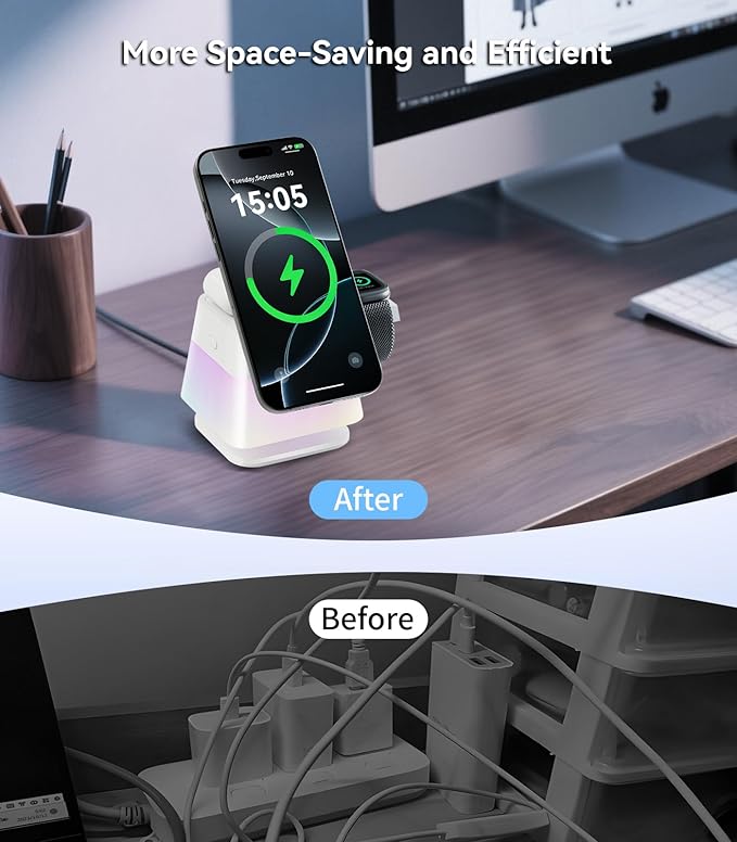 4 in 1 15W Charging Station for Apple, Magnetic Wireless Charger Stand [Colorful Night Light], Rotatable Charger Station for iPhone 17/16/15/14/13, Apple Watch, AirPods(Adapter Included)