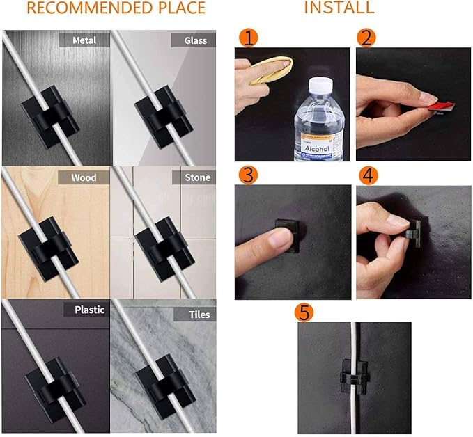 50PCS Self with 3M Adhesive Cable Clips Management Strong Wire Holders Cord Organizer Cable Clamp Sticky Desk Management for Office Home Car Tables PC Laptop TV Walls, Black
