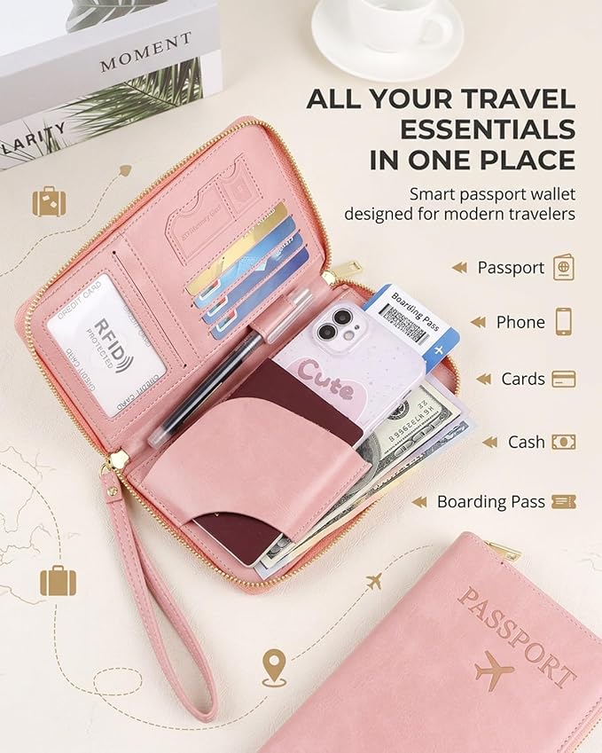 RFID Blocking Wallet for Women Men Cash Travel Passport Holder Family PU Leather Phone Document Organizer Case Cover Pouch with Lanyard Zipper Boarding Pass Id Card Pocket(Green)