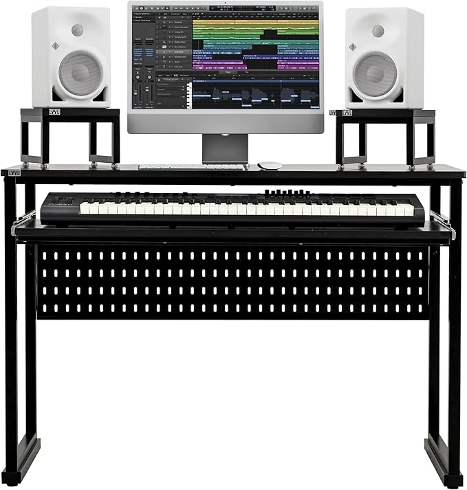 Music Studio Desk with Keyboard Tray and Height Adjustment Bracket, for 61 Keys (Music Producer Desk) (Black, 61 Keys)