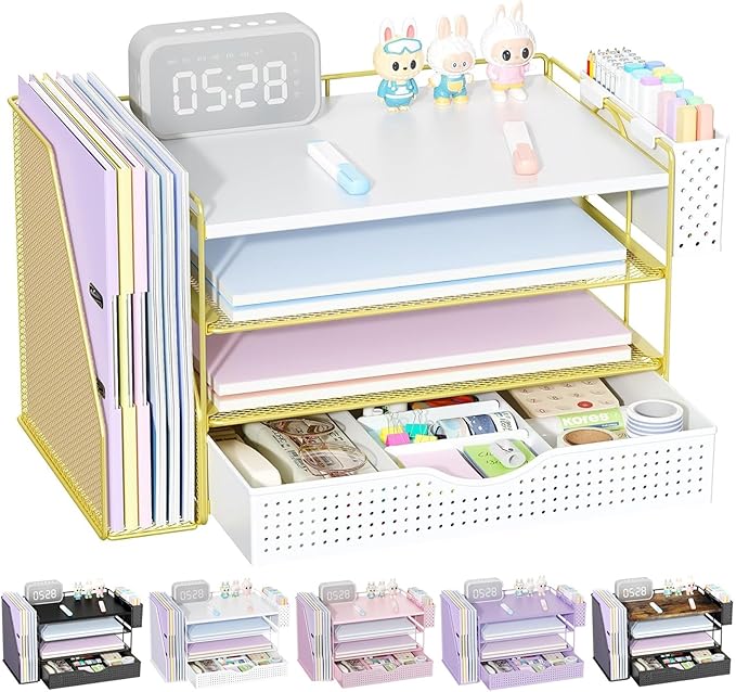 gianotter Wood Desk Organizers and Accessories with File Holder, 4-Tier Desk Accessories & Workspace Organizers with Drawer and Pen Holder, Paper Organizer for Office Supplies (Gold)