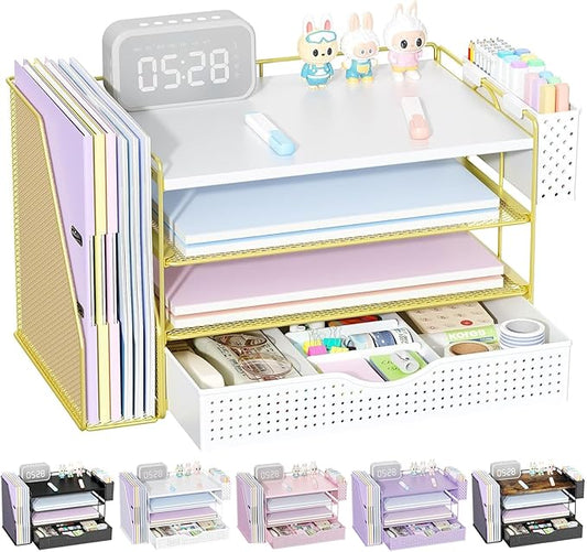 gianotter Wood Desk Organizers and Accessories with File Holder, 4-Tier Desk Accessories & Workspace Organizers with Drawer and Pen Holder, Paper Organizer for Office Supplies (Gold)