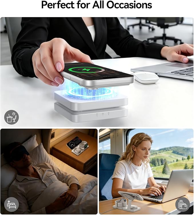 Wireless Charger for iPhone, 3-in-1 Magnetic Charging Station for Apple Device, MagSafe Charger Stand for iPhone 17 16 15 14 13 12 Series, Apple Watch Ultra, Airpods Pro, Foldable, White