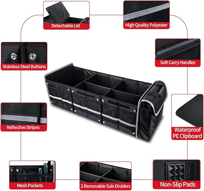 Car Trunk Organizer with Cooler Bag, Collapsible Multi-Compartment Car Organizer for SUV, Truck, Durable Car Storage Organizer for Groceries, Camping, Christmas Gifts (Black)