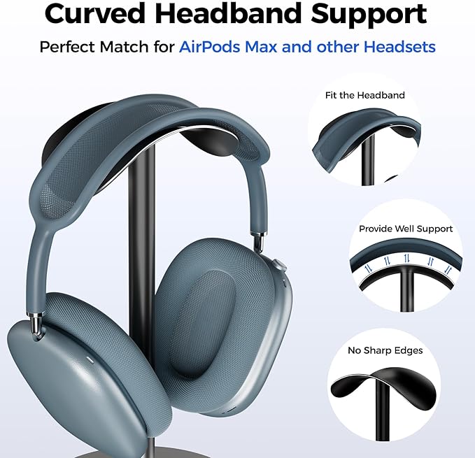 Desk Headphone Stand for AirPods Max, Aluminum Alloy Headset Stand with Anti-Slip Base & Curved Headband Support, Universal Headphone Holder for Most Gaming Headsets (Black)