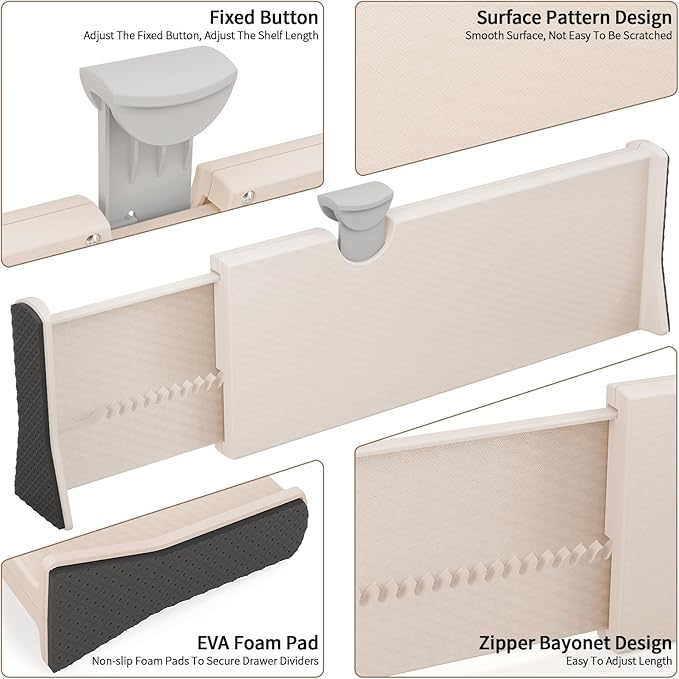 Drawer Dividers Organizer, Adjustable Separators 4" High Expandable from 11-17" for Bedroom, Bathroom, Closet, Clothing, Office, Kitchen (Beige, 8 PACK)