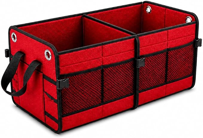 Car Trunk Organizer – Foldable Storage with 3 Compartments, Heavy Duty, Collapsible Cargo Organizer for SUV, Truck & Car (Red)