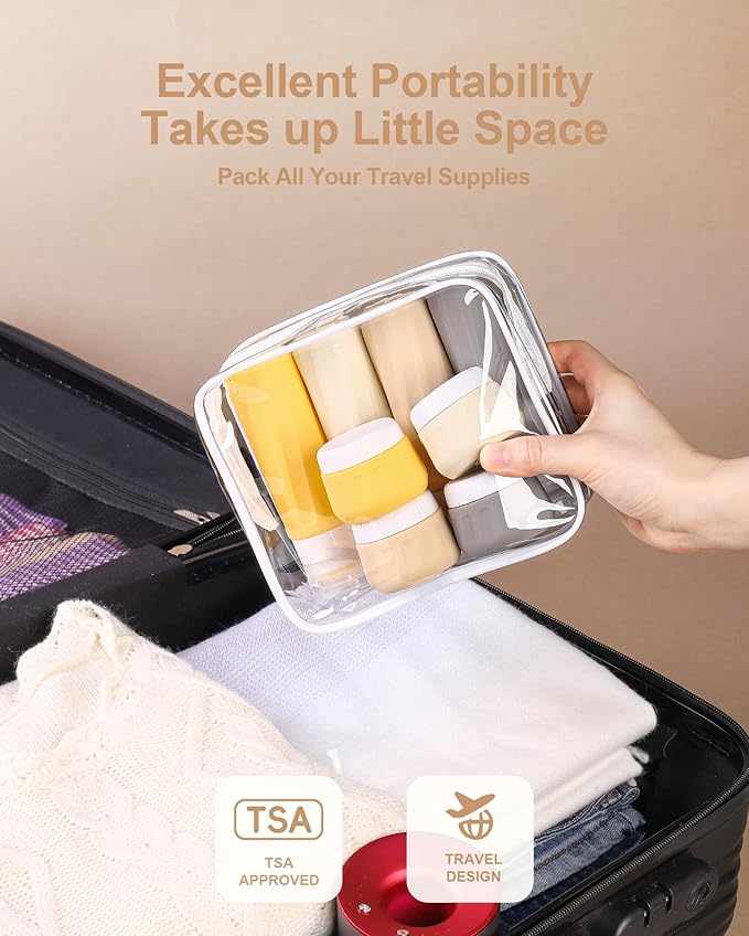 Mrsdry Travel Size Toiletries 8 Pack, TSA Approved 3oz/1oz Silicone Squeezable Creams Jars with Clear Travel Bag