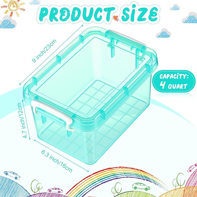 Wenqik 6 Pack Colorful Plastic Storage Bins with Lids 4 Quart Small Storage Latch Box Stackable and Nestable Clear Organizer Bins with Latching Handle and Buckle for Organizing (Teal)