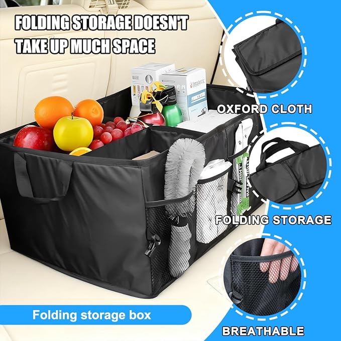 Car Trunk Organizer, Collapsible Multi-Compartment Large Capacity Vehicle Storage Container, Foldable Adjustable Automotive Interior Organization Box, Universal Fit (Black)