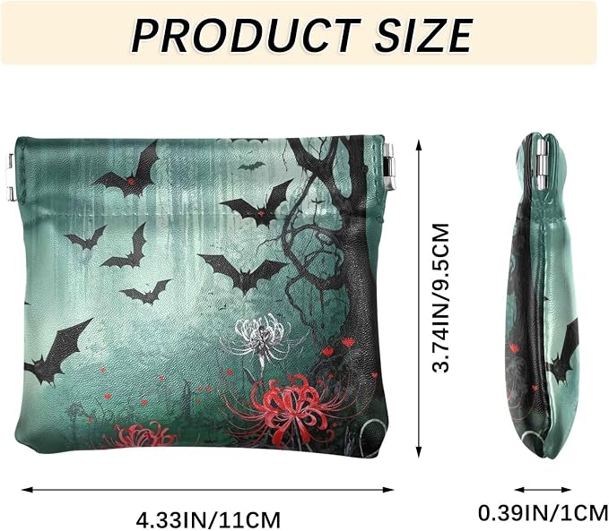 Bats Women's Waterproof PU Leather Coin Purse, Slim Travel Wallet with Zipper - Compact Card Holder & Jewelry Organizer for Cash, Keys, Lipstick