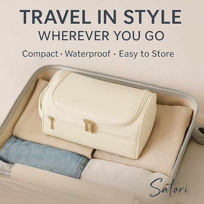 Travel Toiletry Bag – Soft Vegan Leather, Waterproof Hanging Design with Hook, – Cream White with Gold Accents, Full Size