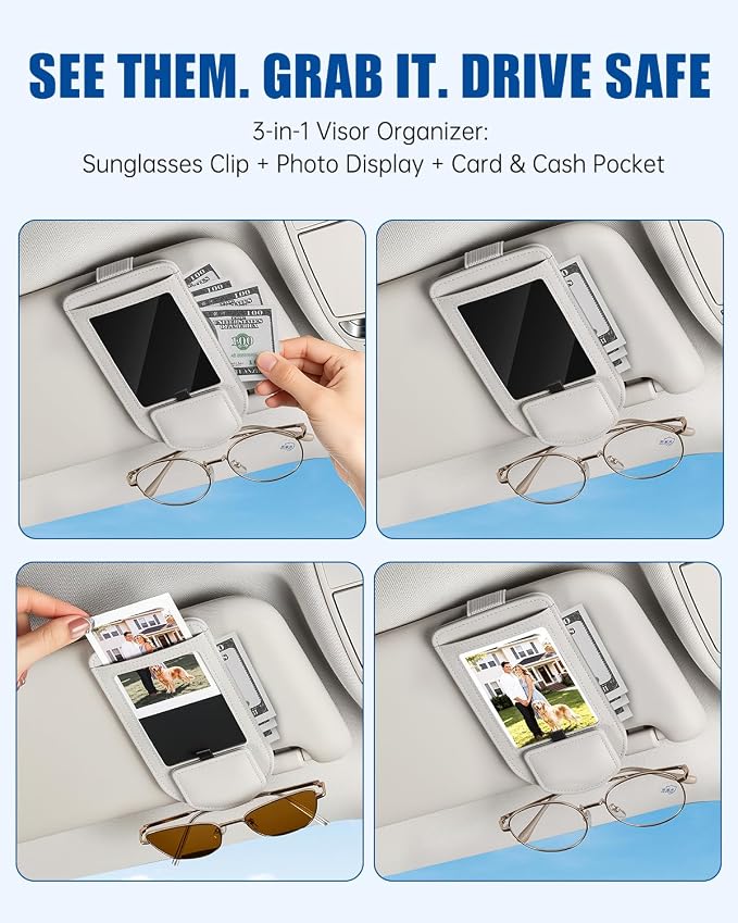 Car Visor Sunglasses Holder, 3 in 1 Glasses Clip with Photo Picture Display & Extra Storage Pocket, Anti-Slip Universal Sun Visor Organizer, 2026 Upgraded (1, Off-White)