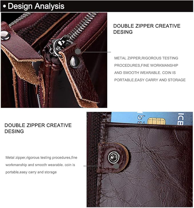 Men's Folding Double Zip Wallet RFID Blocks Retro Short Coin Purse