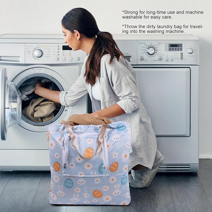 2 Pack Travel Laundry Bag with Handle and Drawstring, Expandable Foldable Dirty Clothes Bags with Hook and Zipper, 23*20 inch, Cartoon 3 White + Blue