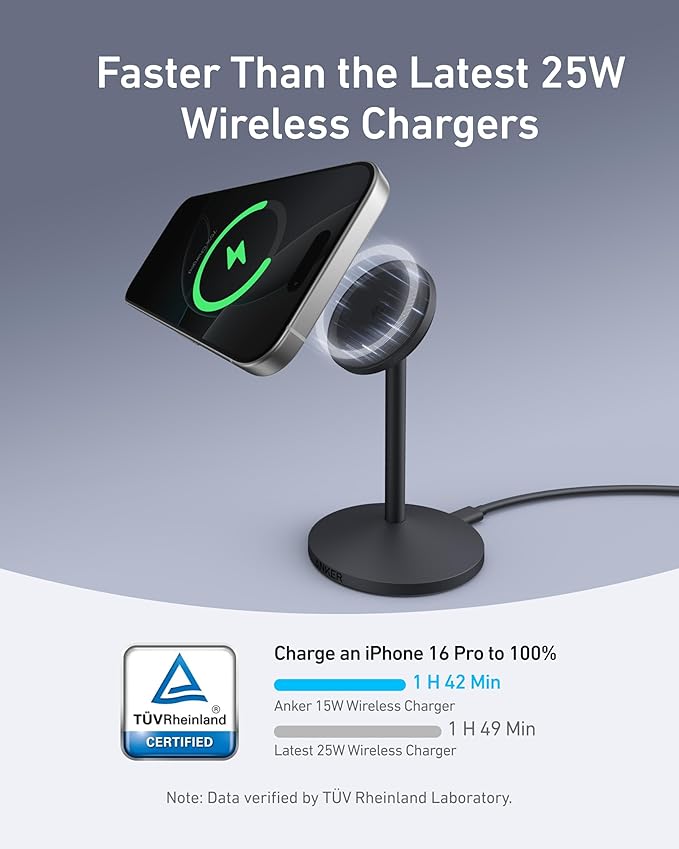 Anker MagGo iPhone 17 MagSafe Charger Compatible Stand, 15W Fast Magnetic Wireless Charging Station, Qi2 Certified 360° Wireless Charge (Black, with Cable & Adapter)
