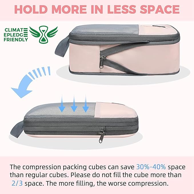 BAGAIL 6 Set Lightweight Compression Packing Cubes with Packing List, Anti-Tearing Expandable Organizer Bags for Travel, Pink