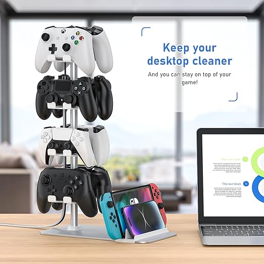 MANMUVIMO Controller Holder for 8 Xbox PS5 PS4 Gaming Controller, Controller Stand Desk, Gamer Gifts for Men, Organizer Rack for Headset/iPad/Mobile Phone, Gaming Room Accessories(White)