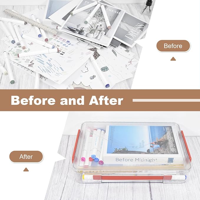 Clear Storage Boxes with Lid - A4 Transparent Paper Storage Organiser with Handle and Portable Project Case Drawer Organizer for Storing Certificates Photos Scrapbook and Invoices(Red Handle)