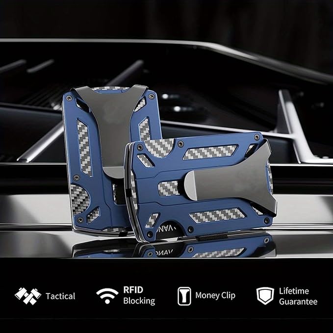 CCidea Mens Card Holder with Money Clip, Christmas Gifts for Men, Slim Minimalist Wallet for Men, Anti-scratch Carbon Fiber Wallet with RFID Blocking- Holds up to 12 Cards and 8 Bills (Blue)