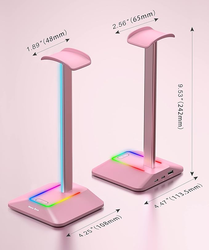 New Bee RGB Headphone Stand with 1 USB-C Charging Port and 1 USB Charging Port, Desk Headset Stand with 7 Light Modes and Non-Slip Rubber Base Suitable for All Earphone Accessories (Pink)