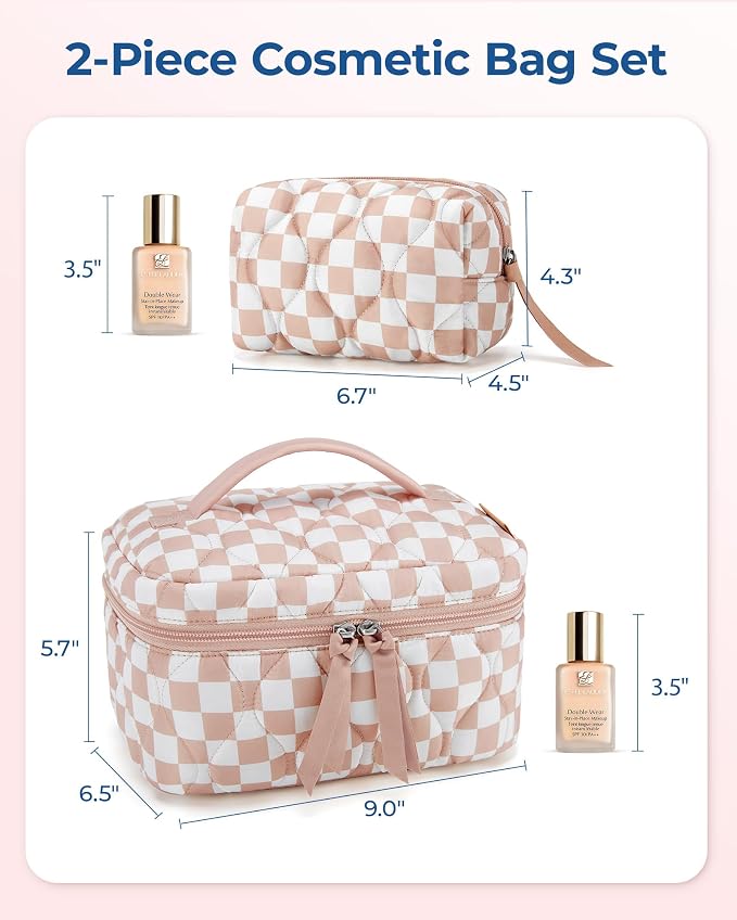 BAGSMART Travel Makeup Bag, 2-Piece Puffy Quilted Cute Make Up Bag Cosmetic Bags for Women, Large Wide-Open Toiletry Pouch Gifts for Toiletries Accessories Travelling Essentials, Checkered Blue