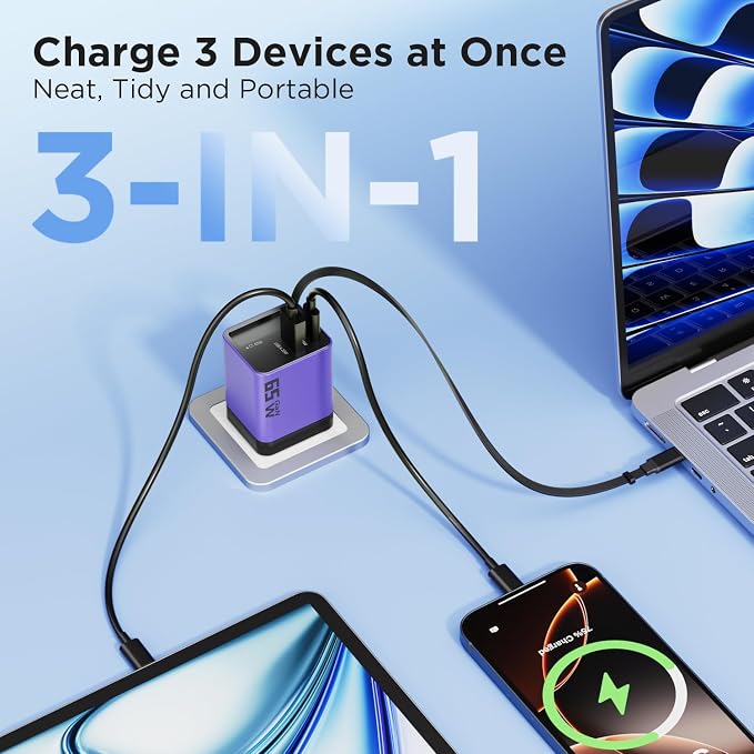 65W GaN USB C Charger Block with 2.3FT Retractable Cable, 3-Port Fast Wall Plug (2 USB-C & 1 USB-A) for iPhone 17 16 15, Samsung Galaxy S25, MacBook Pro/Air, Travel (Purple)