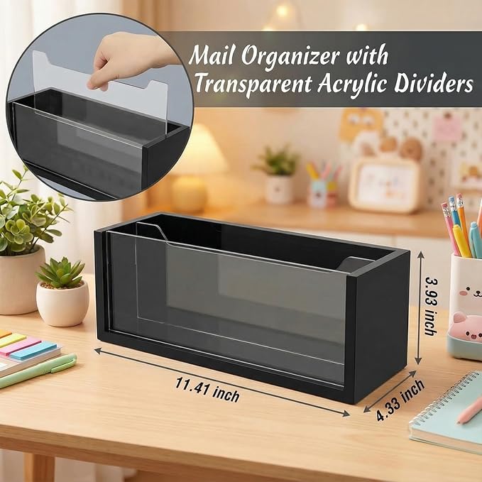 Mail Organizer with Clear Acrylic Dividers - Adjustable 2-in-1 Desk & Wall Mount Letter Holder, Modern Paper Sorter for Home Office Organization (Black)