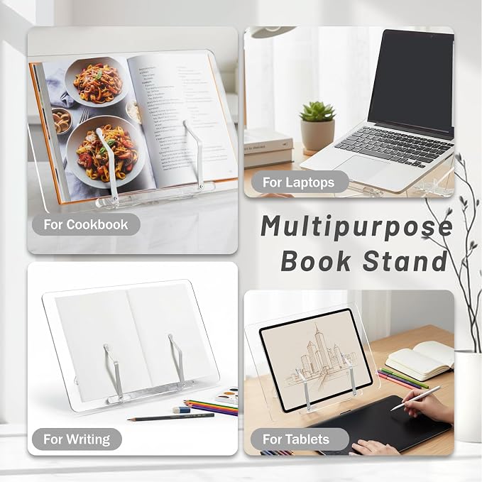 Acrylic Cookbook Holder, 13.3x9.4 Inch Ergonomic Book Display Stand | Adjustable 0-50° Acrylic Book Stand with Page Clip for Reading, Recipe, Books, Document, Cookbook