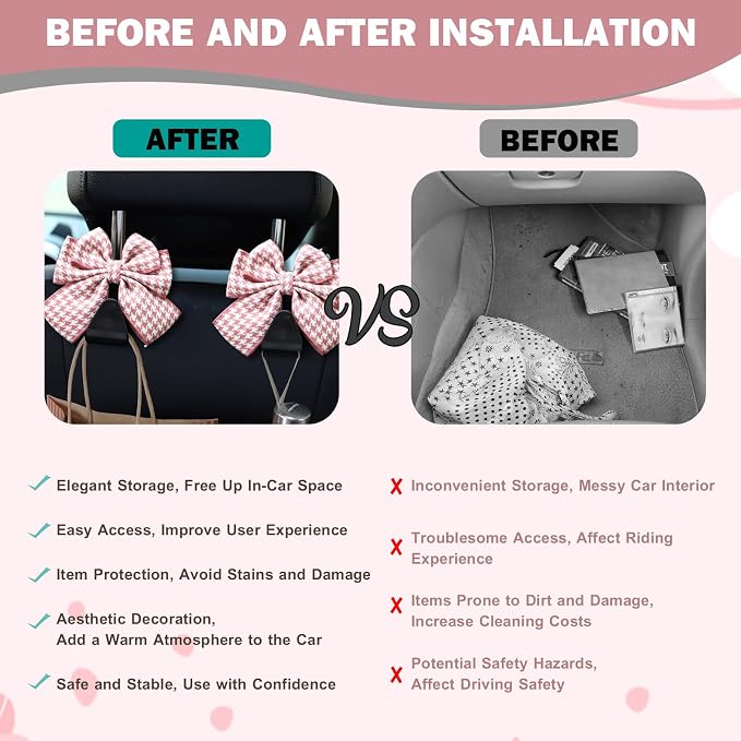 2PCS Car Seat Headrest Hooks, Cute Bow Vehicle Rear Seat Bracket Hook for Purses and Bags, Automotive Purse Hook Hanger, Universal for SUV, Sedan, Truck (Pink)