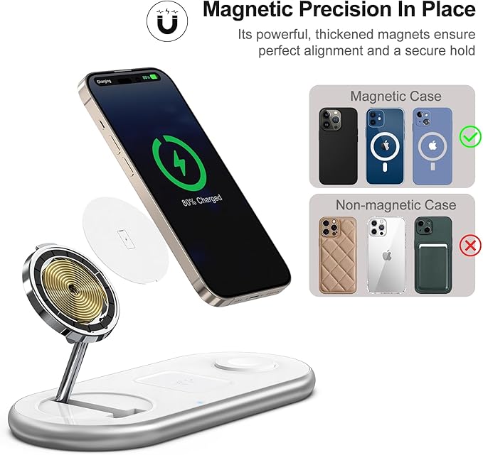 3 in 1 Charging Station for Apple - Faster Mag-Safe Charger Stand for iPhone - Magnetic Wireless Charger Station for iPhone 17/16/15/14/13/12 Series, Apple Watch Series, AirPods Pro (White)
