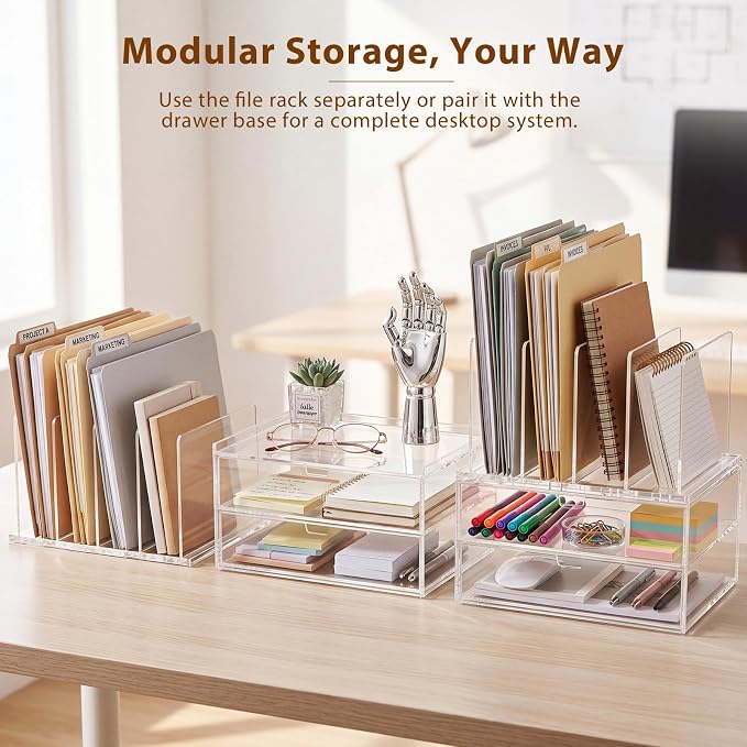 Ripeng Acrylic Desk Organizer with 2 Drawers, Vertical File Holder with 5 Detachable and Adjustable Dividers, Clear Desk Organizers and Accessories for Home, Office, School