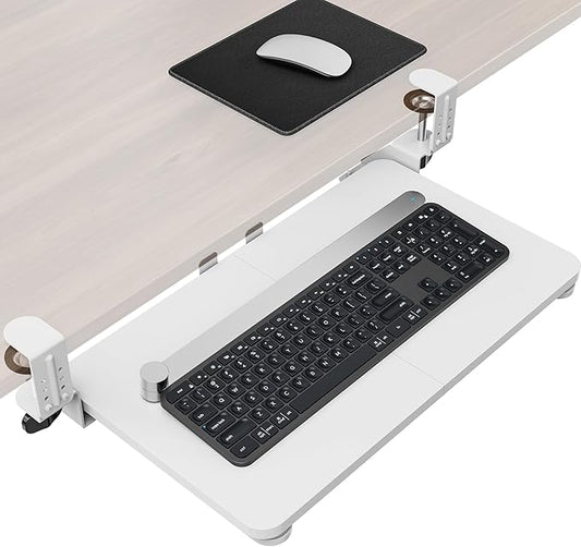 Ergonomic Mouse & Keyboard Tray Under Desk, Pull Out with Adjustable C-clamp, 20 (25.9 Including Clamps) x 11.8 Inch Slide Out Computer Keyboard Drawer Mouse Tray for Typing, White