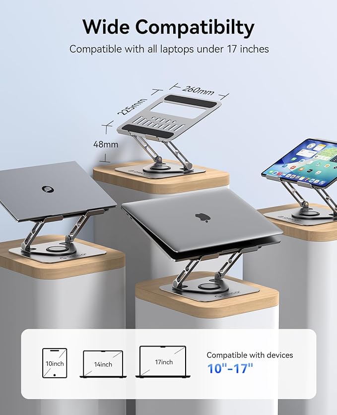 ORICO Adjustable Laptop Stand for Desk, 360° Rotating Base, Foldable Aluminum Alloy Computer Stand with Ventilated Design, Compatible with MacBook Air/Pro, Dell, XPS, HP up to 17'' - ST12, Gray