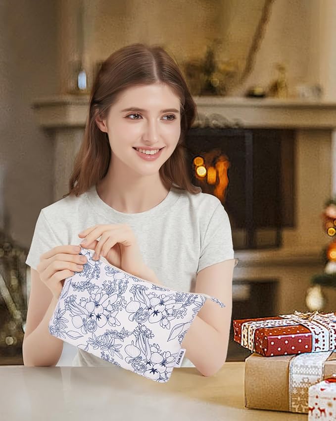 Narwey Small Makeup Bag for Purse Travel Makeup Pouch Cosmetic Bag Zipper Pouch Bags for Women (Navy Blue Flower)