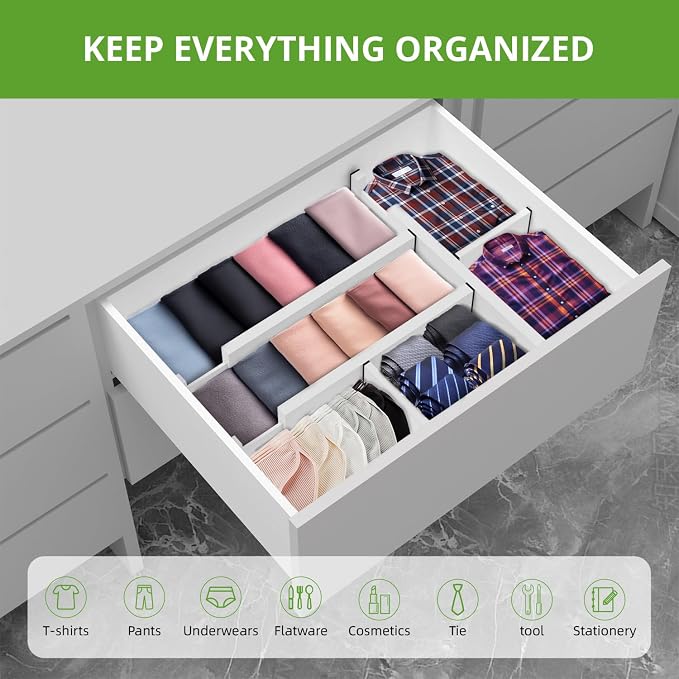 ANTOWIN 4 Pack Expandable Drawer Dividers, 4.7'' High, Extend from 12.2'' to 17.7'', Bamboo Dresser Drawer Organizers Separators for Kitchen, Bedroom, Office, Bathroom (White)