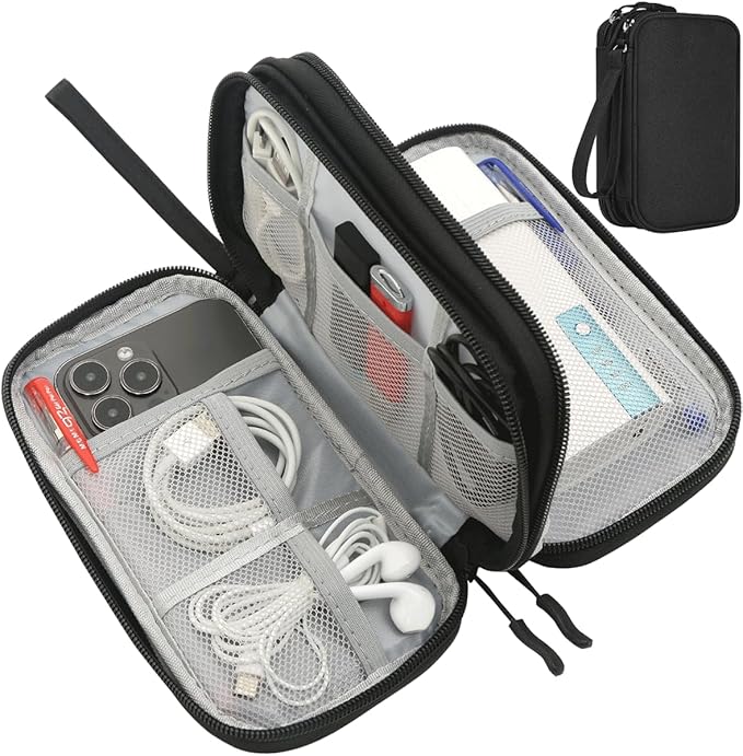 CAAORDKSO Electronics Organizer Travel Bag, Small Cable Organizer Case Waterproof Accessories Pouch, Travel Electronic Carrying Case for Cord, Charger, Phone, USB, Power Bank, Earphone (Black, Medium)
