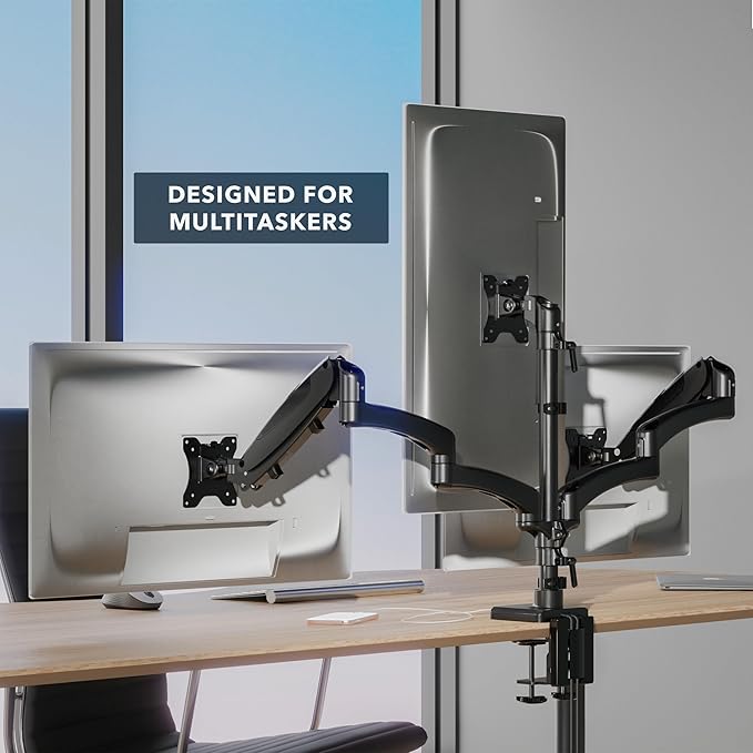 Mount-It! Triple Monitor Mount, 3 Monitor Desk Mount with Gas Spring Arms, Fits 13??2 Inch Screens up to 17.6 lbs per Arm, VESA 75 & 100, Clamp or Grommet Base, USB-A & C Ports, Black