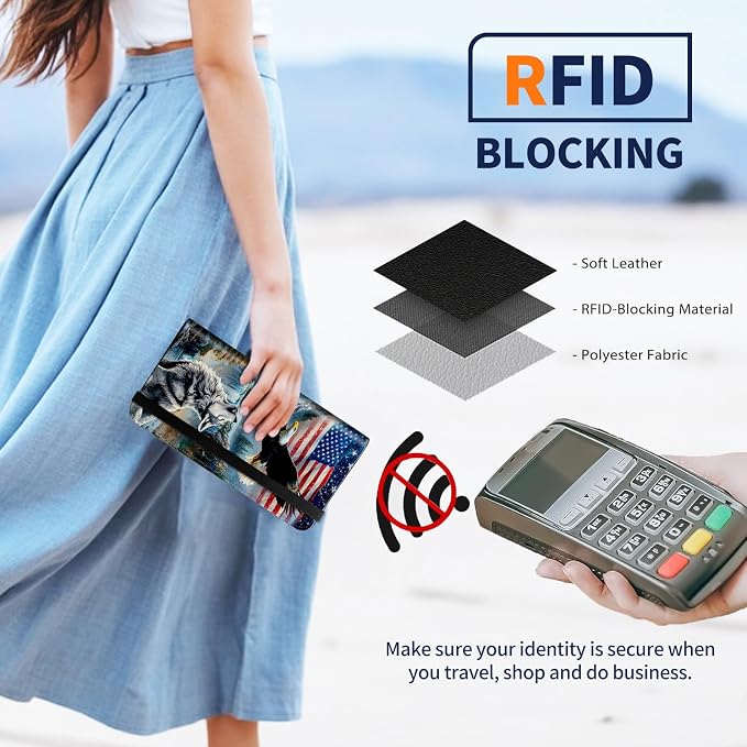 Premium PU Leather Checkbook Cover for Men & Women,RFID Blocking Slim Check Book Holder with Duplicate Check Divider & Pen Holder,Fits Standard Personal Checks,Eagle & Wolf