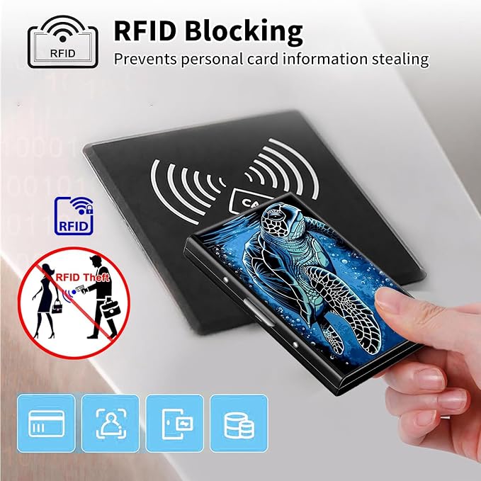 Metal Wallet,Credit Card Holder for Women Men,RFID Blocking Card Holder Wallet Mini Slim Aluminum Wallet ID Case Hard Card Case Business Card Holder Case,Blue Sea Turtle