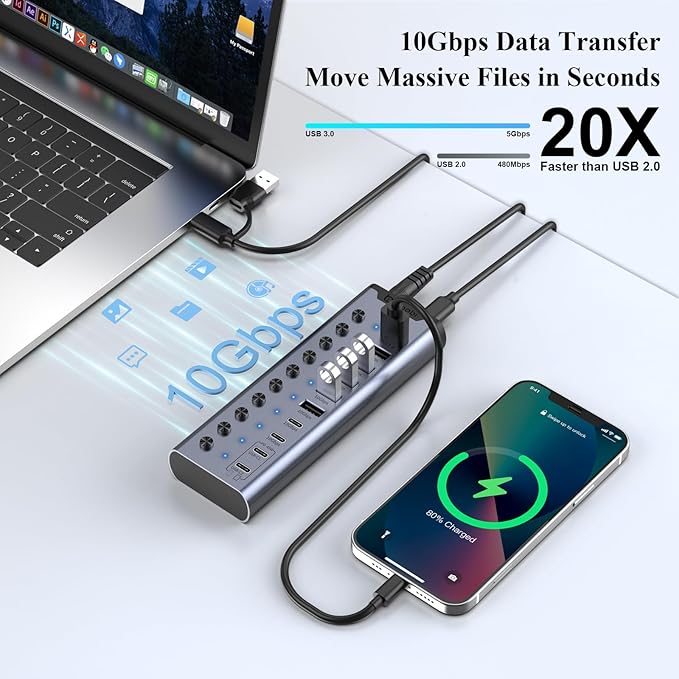 Powered USB Hub, 10-Port USB C Hub with 6*USB-A 3.2, 2*USB-C 3.2 and 2*PD 45W Charging Ports Individual Switches and 24V/3A Power Adapter, USB Extension for MacBook, PC and More.