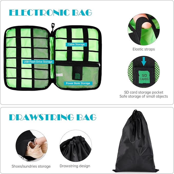 NiHome 7PCS Compression Packing Cube Set Expandable Mesh Travel Bag Luggage Organizers with Electronic Cable Cord Charger Organizer Drawstring Bag for Trip Home Storage Travel Gear Accessories (Blue)