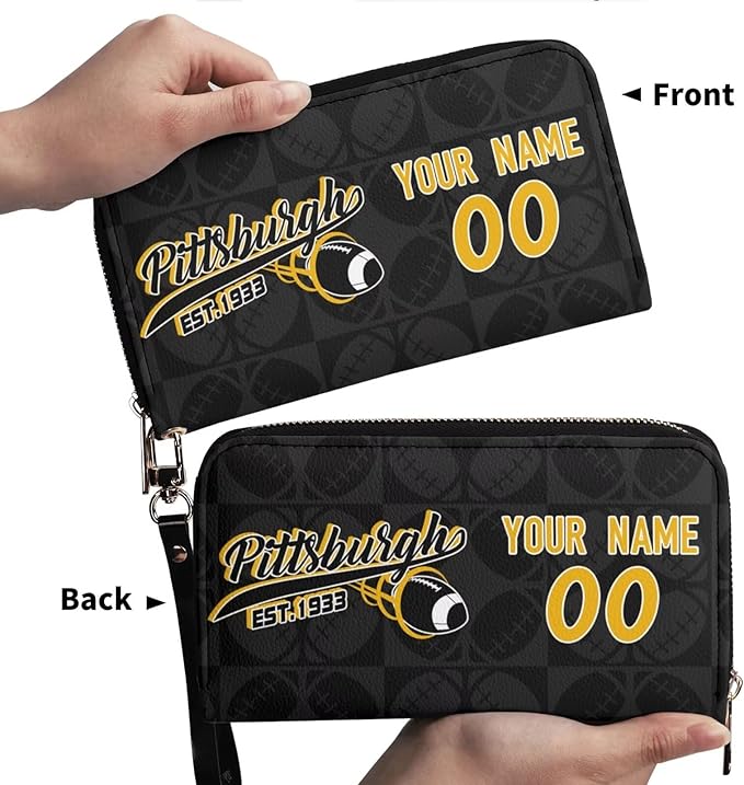 Custom Sports Team Zip Organizer Wallet-Personalized PU Leather Wallet with Name Number,Multi-Card Slots,Wrist Strap,Fan Gift for Men Women.