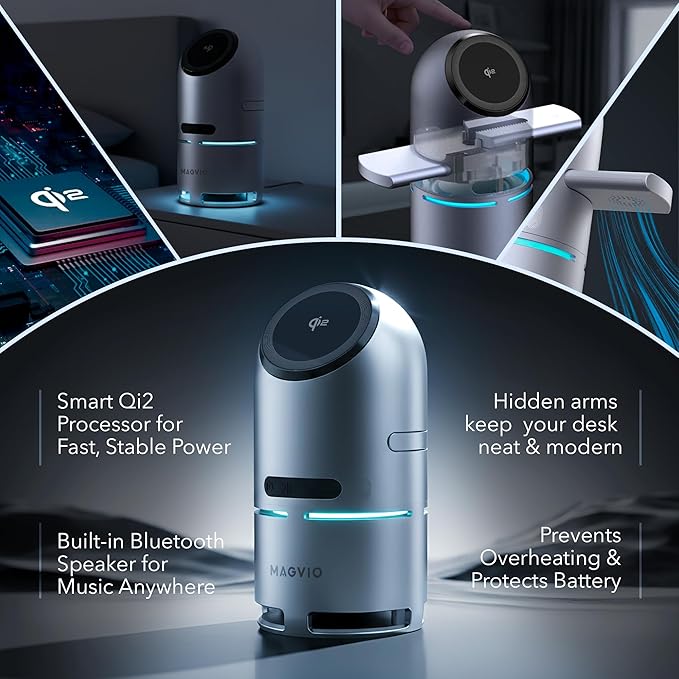3 in 1 Mag-Safe Charging Station with Bluetooth Speaker, Auto-Rotating Magnetic Stand, 15W Qi2 Fast Wireless Charger for iPhone 17/16/15/14/13/12, Apple Watch, AirPods, 30W USB-C Adapter