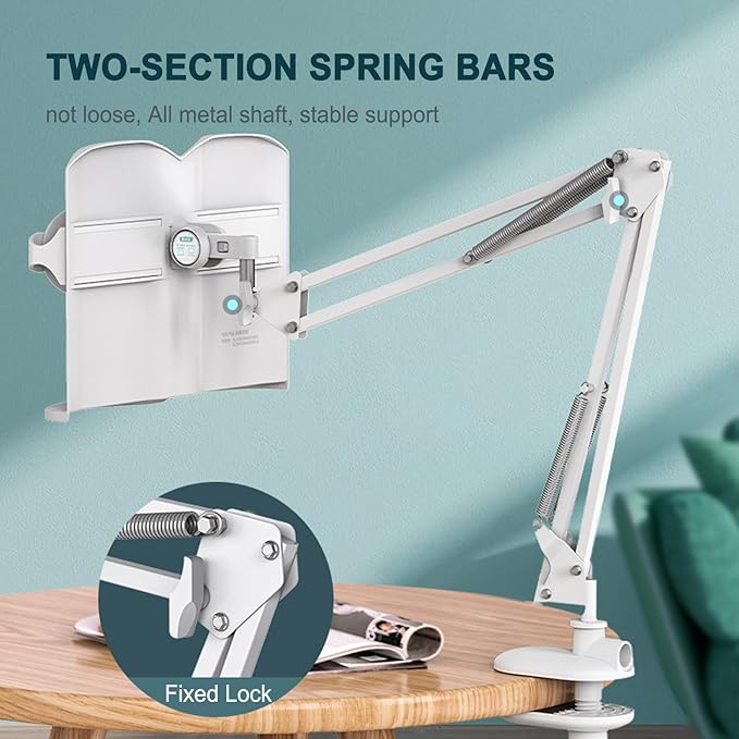 Buhelyc Multifunction Book Arm Stand, 180° Adjustable Book Holder Stand, Sturdy Desktop Cookbook Rest, Table Side Reading Mount Holder with Page Clips, for Cooking, Studying, Reading