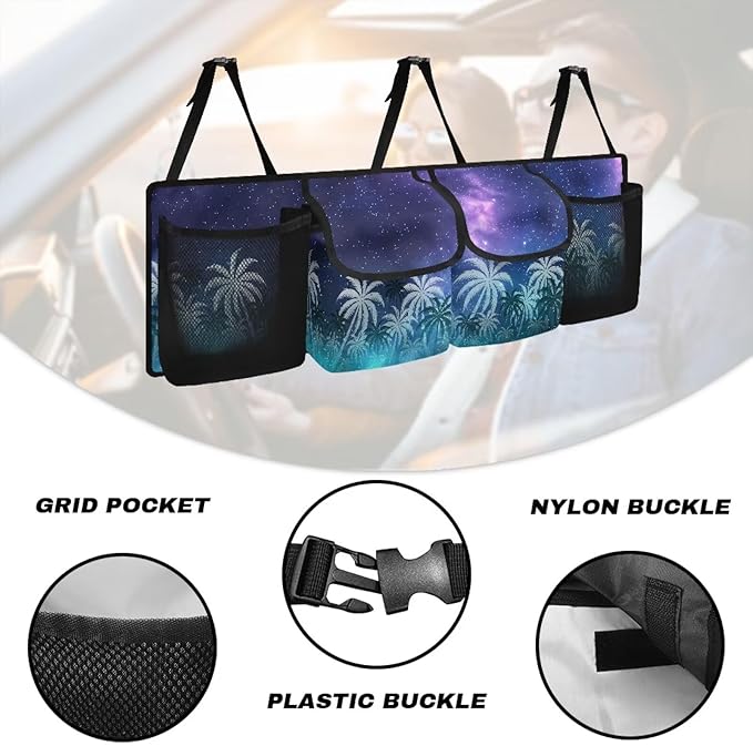 Starry Sky Back Seat Trunk Organizer,Coconut Tree Design Car Trunk Storage Organizer with Lid Keep your Trunk Clean and Tidy 4 Large Pockets Not Easy to Fade