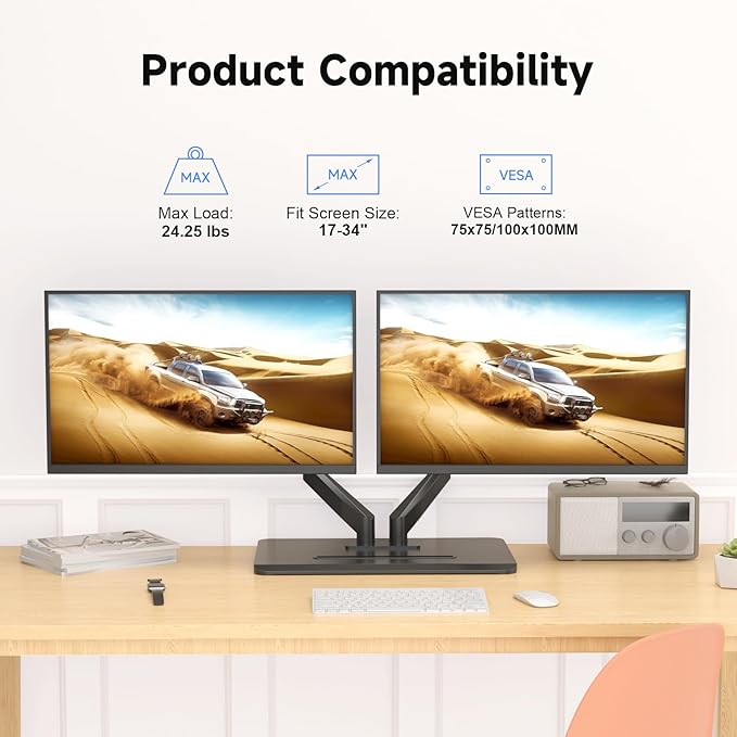 suptek Dual Monitor Mount Gas Spring Monitor Arm Desk Stand with Base,Free Standing Pneumatic Height Adjustable Monitor Stand for 17 to 34 inch,Holds up to 24.25 lbs,Black(ML8SPX)